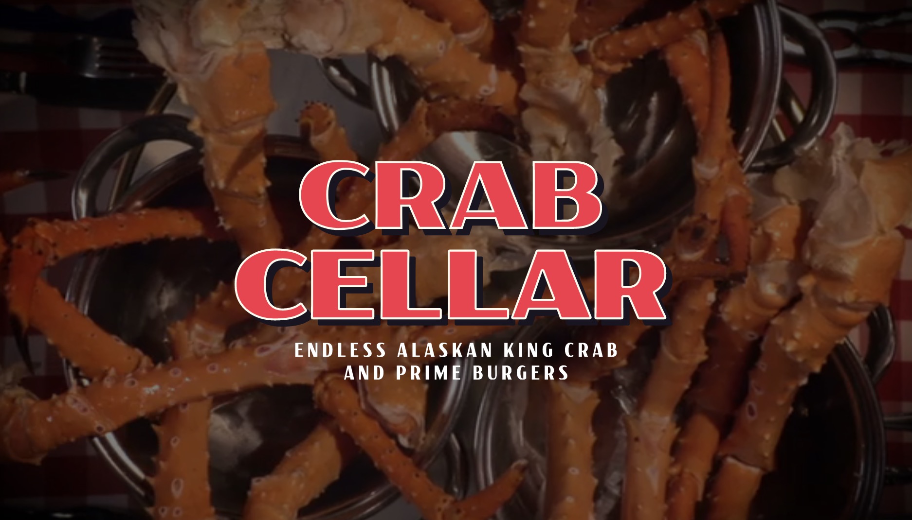 Crab Cellar logo over steamed crabs on a metal tray.