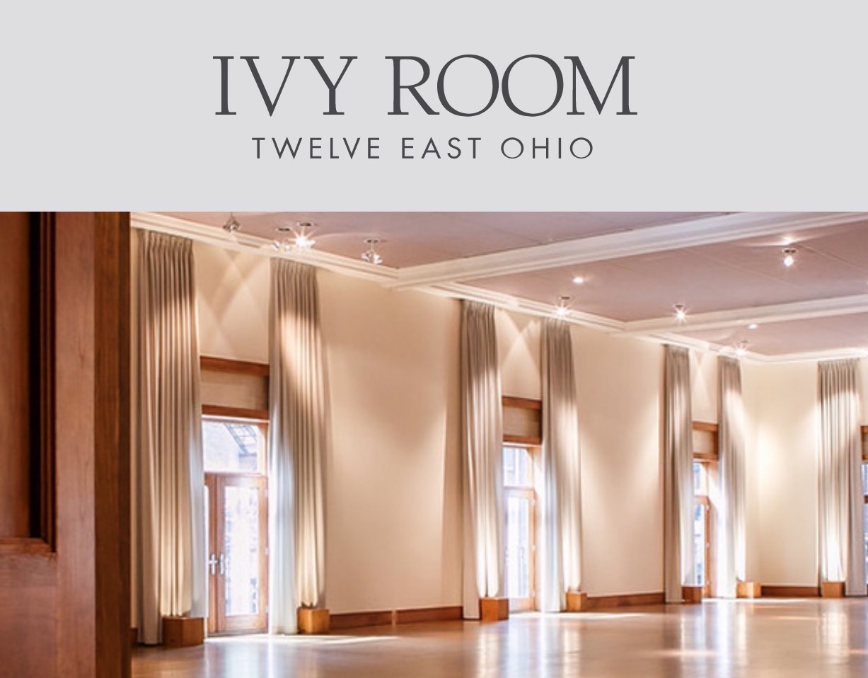 Ivy room logo on gray background. An image of an empty event hall below.